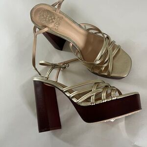 Vince Camuto Gold Strappy Block Heel Sandals